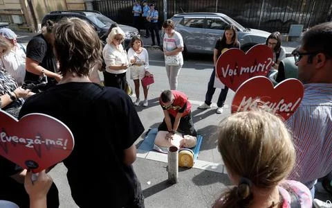 Activists protest to demand introduction of first aid courses in Romanian school Stock Photos