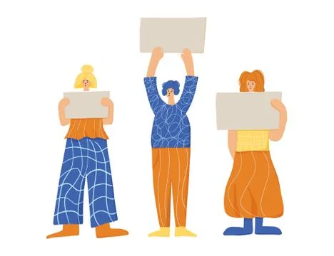 Activists. Protesting people standing together with sign boards. Young women  Stock Illustration