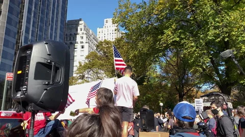 Activists wave flags celebrating 2020 Democratic Presidential Election win, NYC Stock Footage 142976530