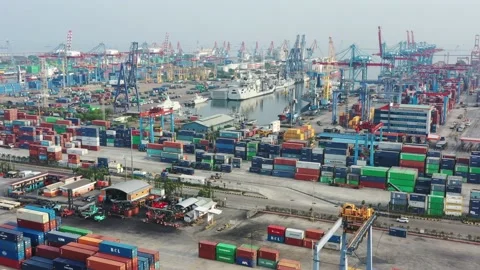 Activities at the Cargo Ship and Container Yard of Tanjung Priok Harbor Jakarta Stock Footage 218273901