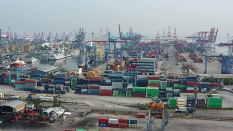 Activities at the Cargo Ship and Container Yard of Tanjung Priok Harbor Jakarta Stock Footage 218274397