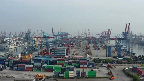 Activities at the Cargo Ship and Container Yard of Tanjung Priok Harbor Jakarta Stock Footage 218274400