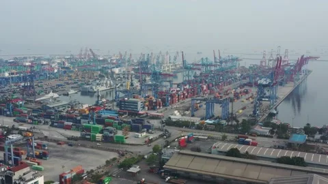 Activities at the Cargo Ship and Container Yard of Tanjung Priok Harbor Jakarta Stock Footage 218276022