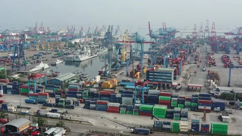 Activities at the Cargo Ship and Container Yard of Tanjung Priok Harbor Jakarta Stock Footage 218276034