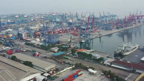 Activities at the Cargo Ship and Container Yard of Tanjung Priok Harbor Jakarta Stock Footage 218276152