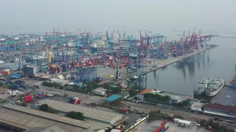 Activities at the Cargo Ship and Container Yard of Tanjung Priok Harbor Jakarta Stock Footage 218276332