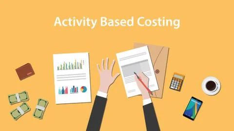 Activity based costing illustration with a man writing on paperwork with money Stock Illustration
