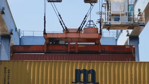 Activity at Cargo Container Port by gantry crane 4k intro video for business Stock Footage 89490287