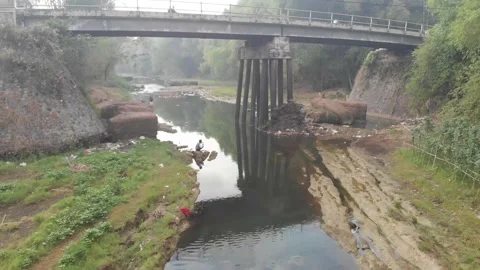 Activity in river and cross the bridge in the morning Stock Footage 158463206