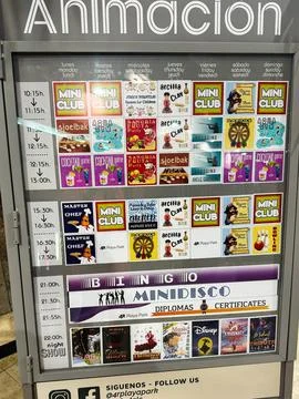 Activity schedule board displaying weekly entertainment program at a resort.. Stock-Fotos