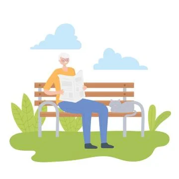 Activity seniors, old man reading newspaper in the park bench with cat Stock Illustration