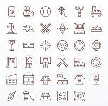 Activity Visual Pack containing 35 Regular Line Grid Fitted Vector Icons Stock Illustration