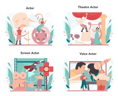 Actor and actress concept set. Theatrical performer or movie production Stock Illustration