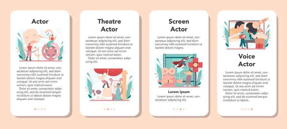 Actor and actress mobile application banner set. Theatrical performer Stock Illustration