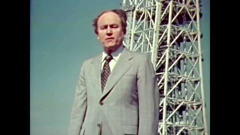Actor E. G. Marshall speaks and Commander Alan Bean, Science Pilot Owen K. Stock Footage 92629983