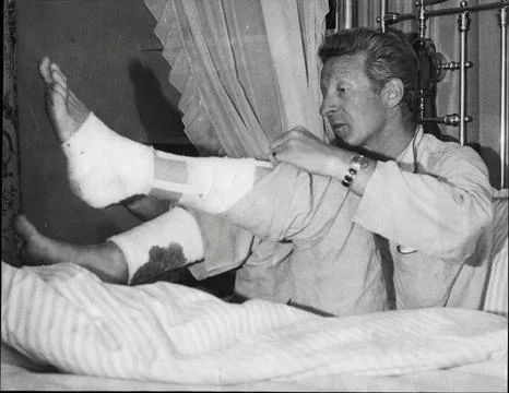 Actor Jon Pertwee In Bed With Legs Bandaged After His Mediterranean Boat Acciden Stock Photos
