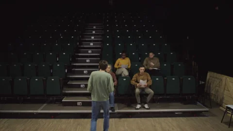 Actor Performing Monologue in front of Colleagues in Theatre Audience Stock Footage 279589620