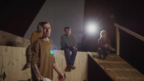 Actor Playing His Role on Stage during Rehearsal in Theatre Stock Footage 279595440