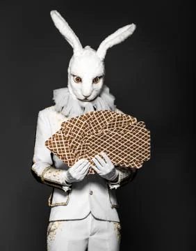 Actor posing in white rabbit suit with playing cards on black background.Studio Stock Photos