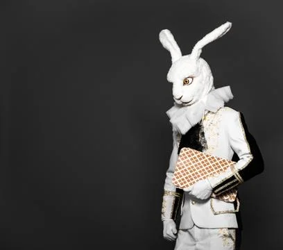 Actor posing in white rabbit suit with playing cards on black background.Studio Stock Photos