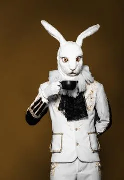 Actor posing in white rabbit suit with cup on dark brown background.Studio shot Stock Photos