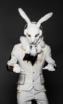 Actor posing in white rabbit suit with earphones on  black background.Studio Stock Photos