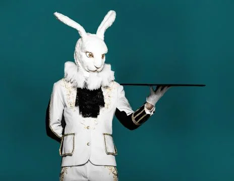 Actor posing in white rabbit suit with tray on blue background.Studio shot Stock Photos