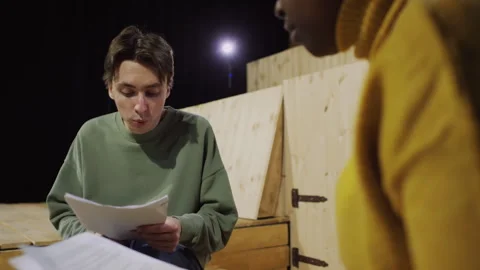 Actor Practicing Dialogue with Female Partner during Theatre Rehearsal Stock Footage 279593922