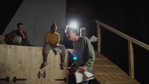 Actor Reading Monologue and Showing Emotions on Theatre Rehearsal Stock Footage 279586047