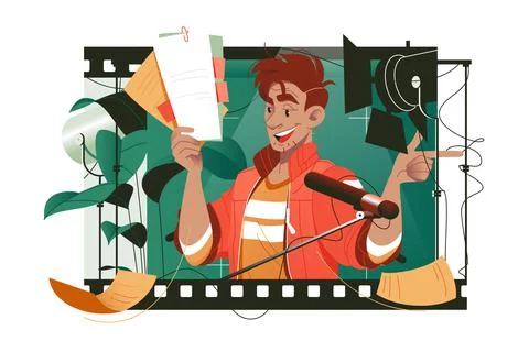 Actor reads script, movie making scene Stock Illustration