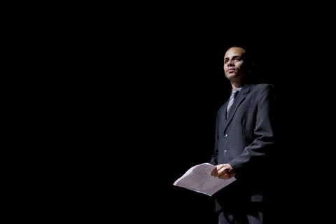 Actor on stage represents a dramatic character. Stock Photos