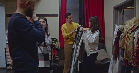 Actors Backstage Preparing Costumes and Discussing Theater Play Stock Footage 313064534