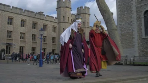 Actors Dressed as King and Queen at Tower of London Stock Footage 145662721