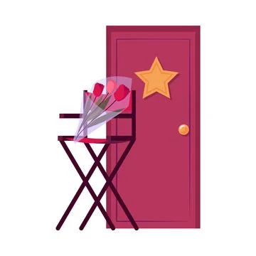 Actors dressing room close door with star, vector stool with bouquet of flowers Illustrazione stock