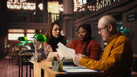 Actors group in library prepare for a dramatic theatre role play Stock Photos