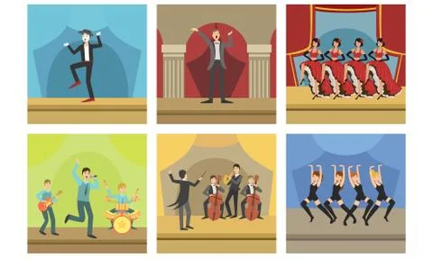 Actors Performing on Stage Set, Music Concert with Singers, Musicians and Stock Illustration