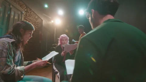 Actors Reading Scripts in Theater under Control of Stage Director Stock Footage 247785280