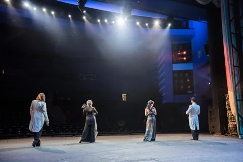 Actors on stage during a performance or rehearsal in the theater Stock Photos