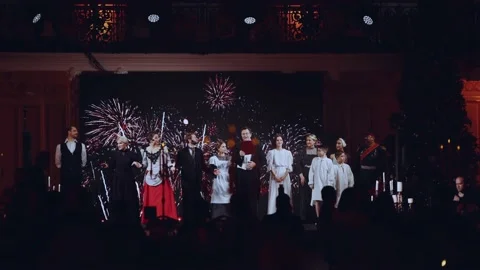 Actors on stage get a standing ovation after my performance in the banquet hall Stock Footage 167484896