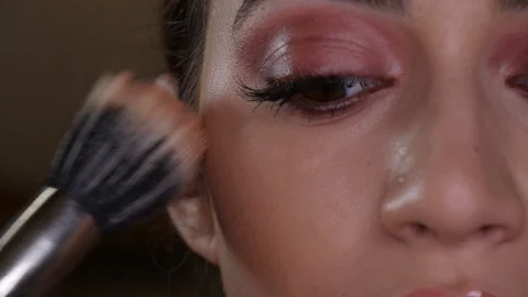 Actress Getting Foundation Make Up Brushed On Face Close Up And Slow Motion Stock Footage 129006424