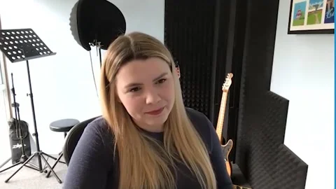 Actress Katy Clayton is interviewed for new movie 'Me, Myself &amp; Di' - 2021 Video stock 157439286
