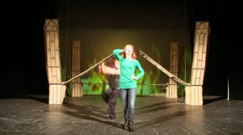Actresses sing and dance on stage during rehearsal of musical Stock Footage 22010794
