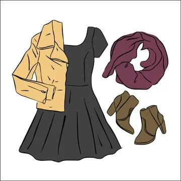 Actual vector drawing spring autumn look. Street wear set black dress, jacket Stock Illustration