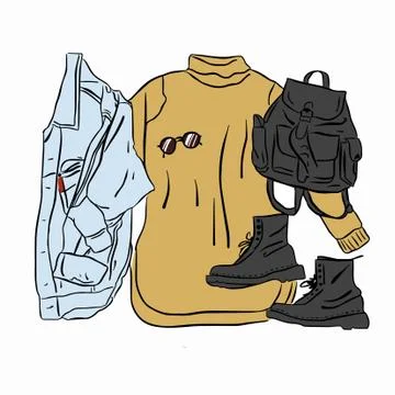 Actual vector drawing spring autumn look. Street wear set knitted dress, jean Stock Illustration