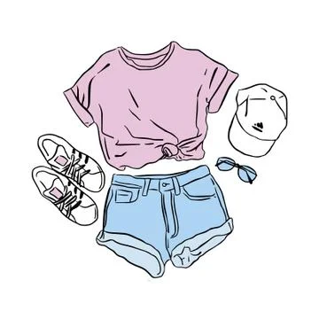 Actual vector drawing summer look. Street wear set t-shirt, jeans, sneakers,  Stock Illustration
