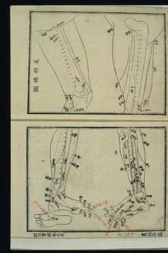 Acu-moxa chart: Channels and acupoints of the leg and foot Stock Illustration