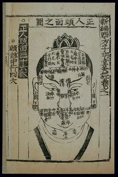 Acu-moxa chart, front of the head, Chinese woodcut Stock Illustration