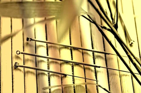 Acupuncture needles on bamboo plate Stock Photos