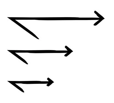 Acute right arrows in size variation hand-drawn sketch graphic element set Stock Illustration