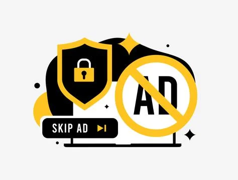 Ad blocker concept with shield, skip ad icon, padlock and forbidden sign Stock Illustration